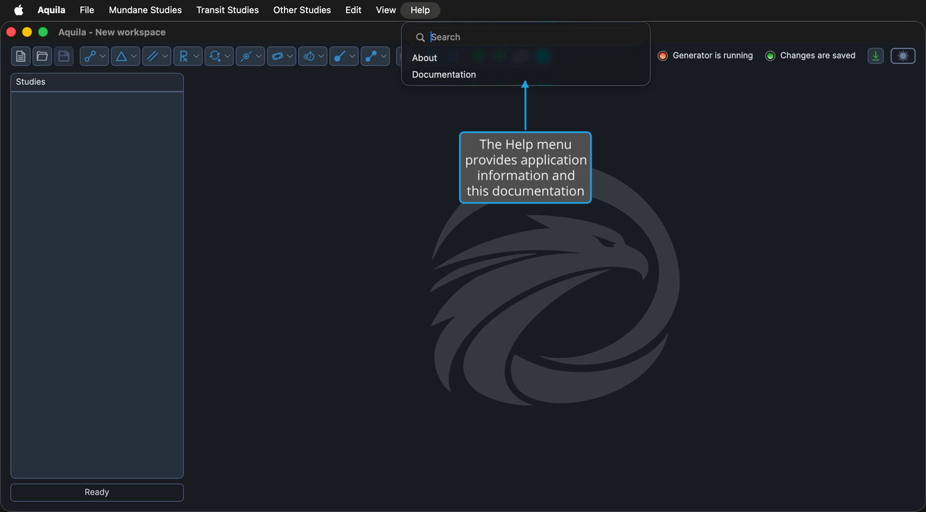 The Help menu open, showing the About and Documentation commands.