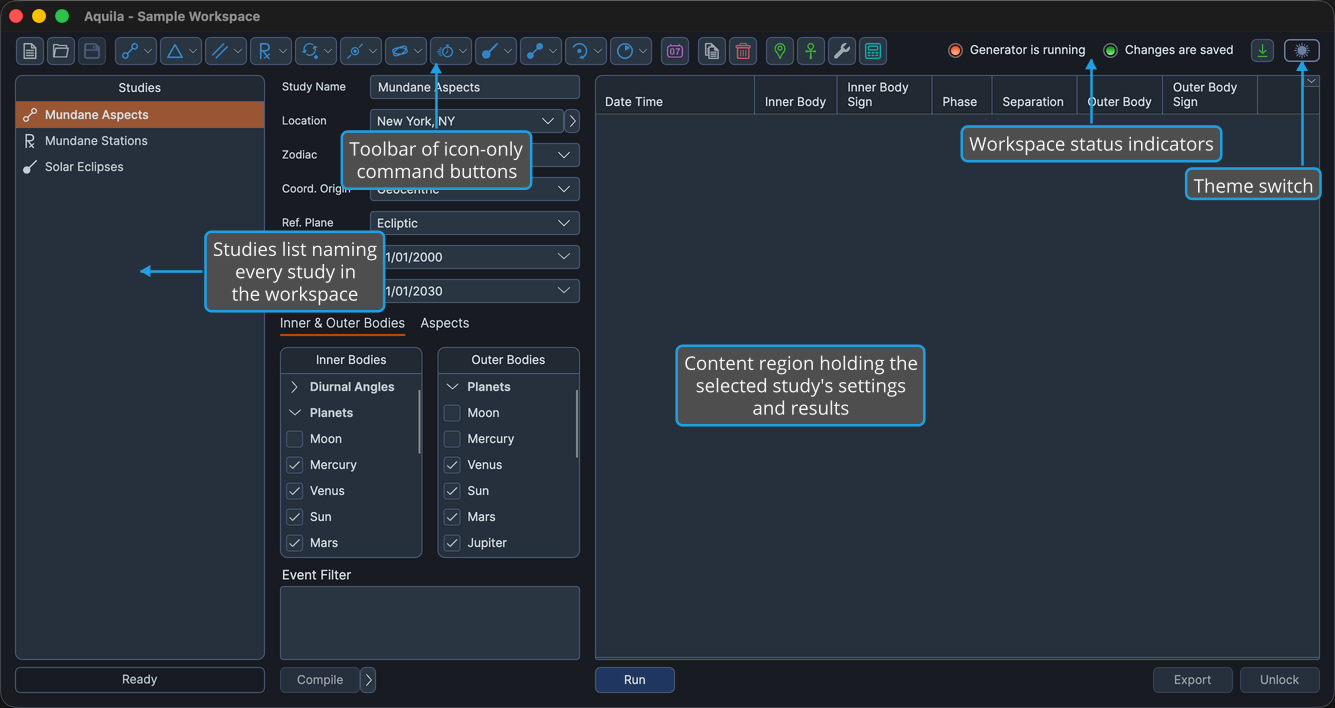 The main window with a workspace open and a generator study selected.