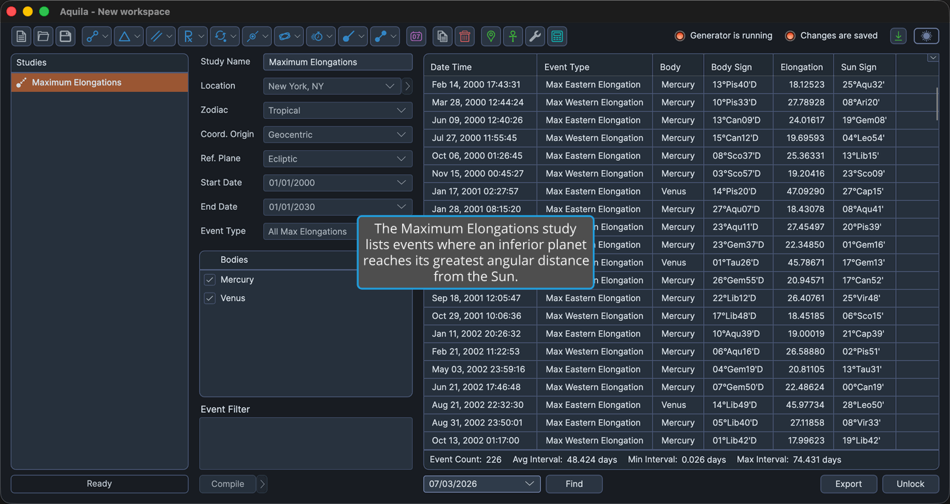 A Maximum Elongations study with events generated and the events table populated.