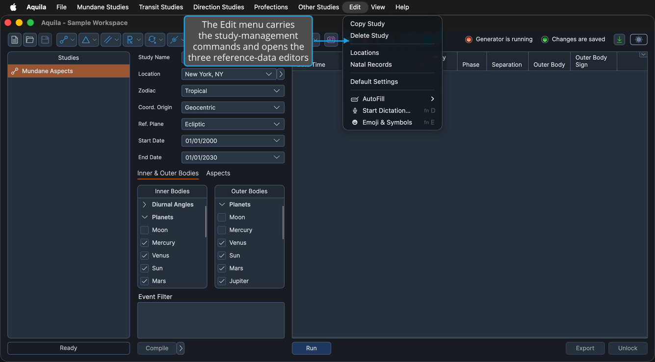 The Edit menu open, showing Aquila's Copy Study, Delete Study, Locations, Natal Records and Default Settings commands above the items macOS appends.