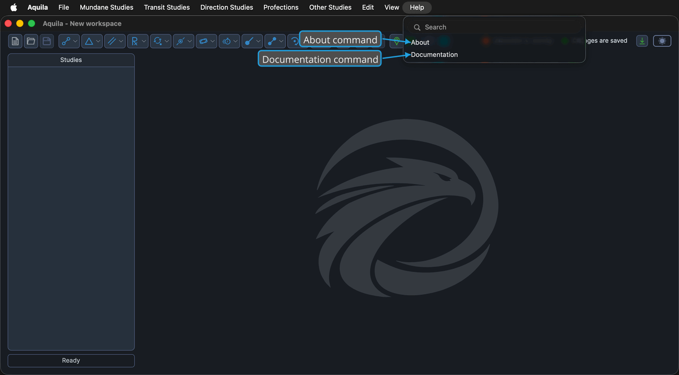 The Help menu open, showing the About and Documentation commands beneath the macOS Help search field.
