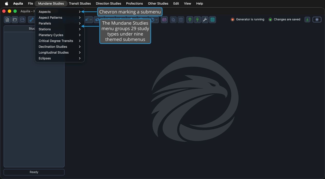 The Mundane Studies menu open, showing its nine themed submenu headers.