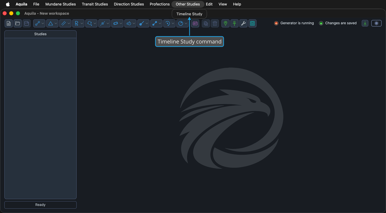 The Other Studies menu open, showing its single Timeline Study command.