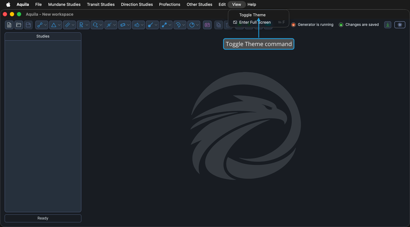 The View menu open, showing the Toggle Theme command above the Enter Full Screen item that macOS adds to every application's View menu.