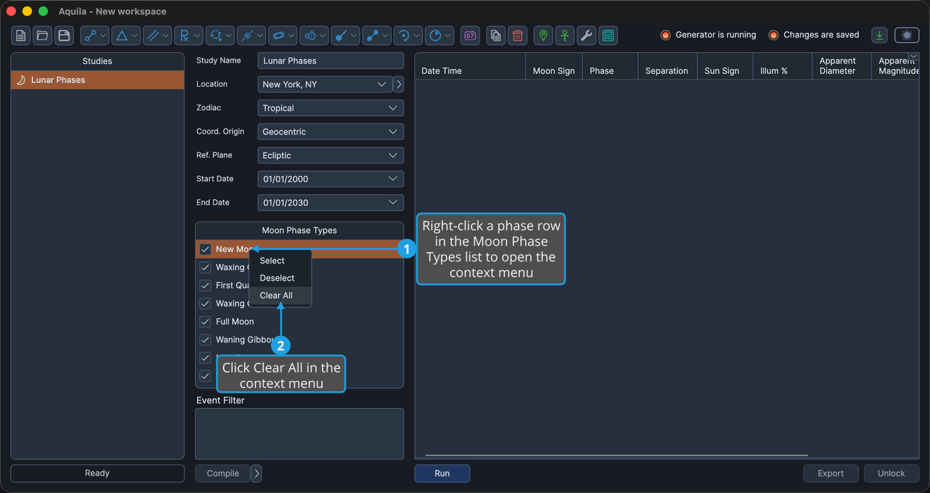 An unlocked Lunar Phases study with several phases checked and the Moon Phase Types context menu open from a right-click on a phase row.