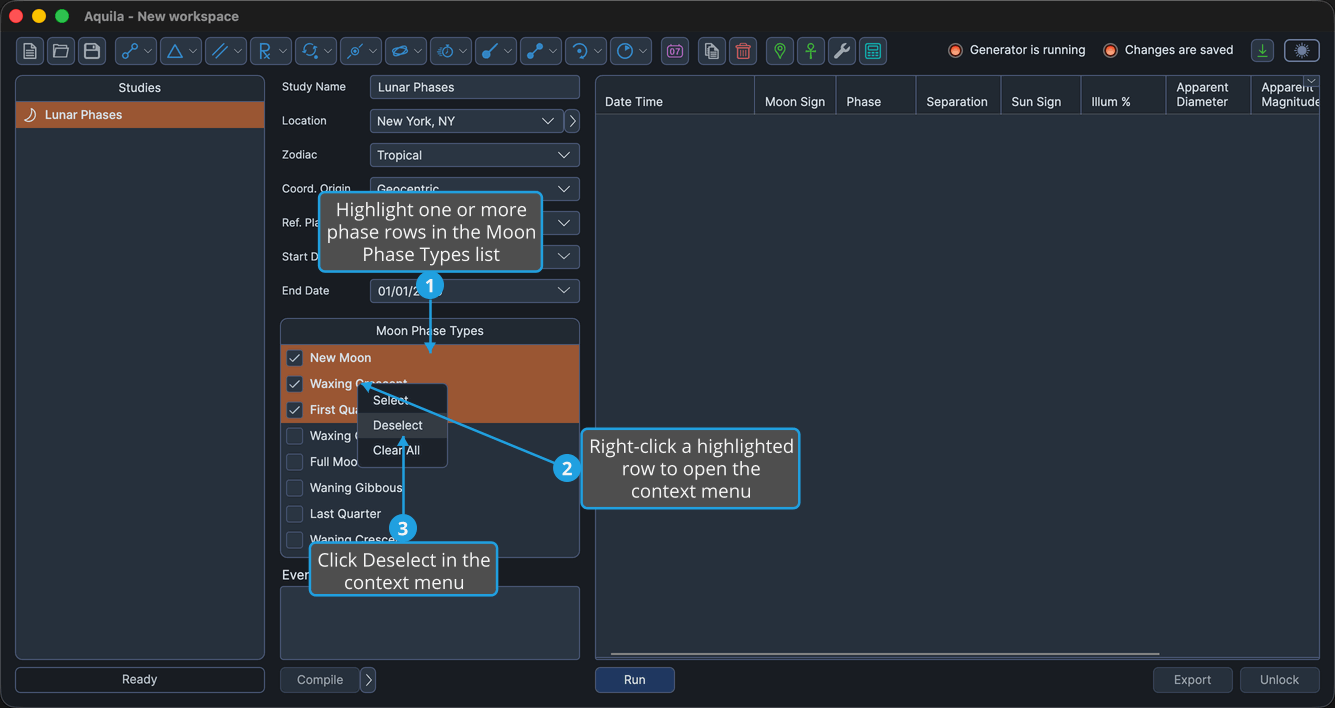 An unlocked Lunar Phases study with three checked phase rows highlighted as a contiguous range in the Moon Phase Types list and the context menu open from a right-click inside that range.