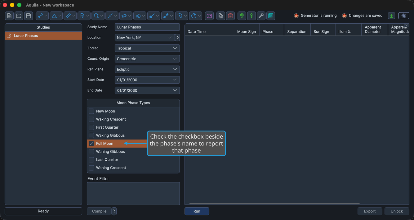 An unlocked Lunar Phases study whose Moon Phase Types list shows the eight phases in cycle order, one checkbox freshly checked.
