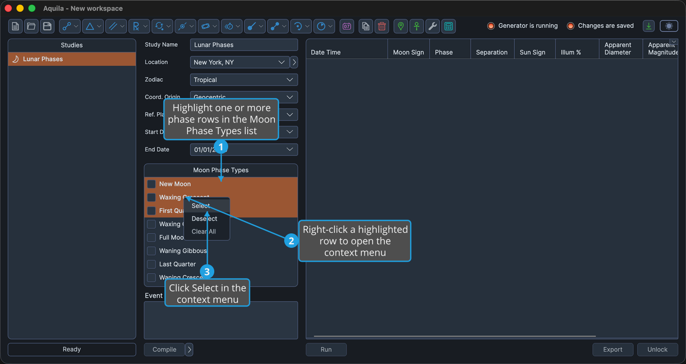 An unlocked Lunar Phases study with three phase rows highlighted as a contiguous range in the Moon Phase Types list and the context menu open from a right-click inside that range.
