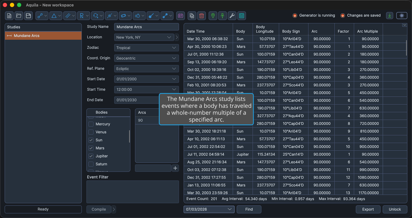 A Mundane Arcs study with events generated and the events table populated.