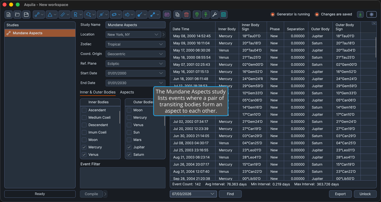 A Mundane Aspects study with events generated and the events table populated.