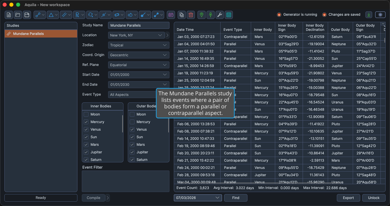 A Mundane Parallels study with events generated and the events table populated.