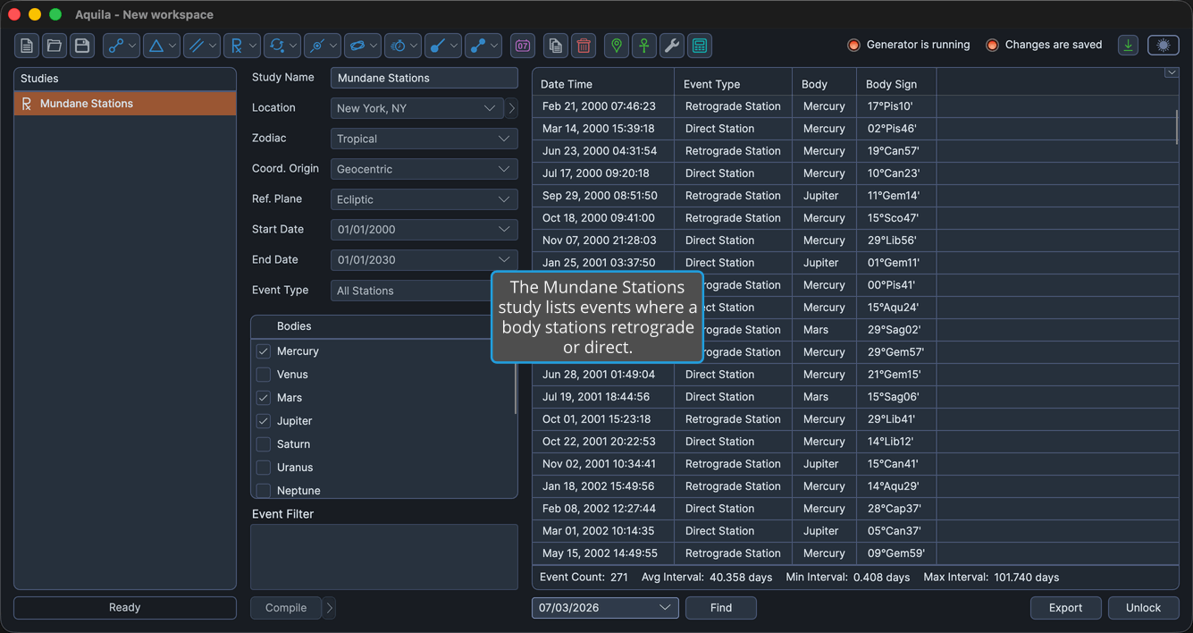 A Mundane Stations study with events generated and the events table populated.