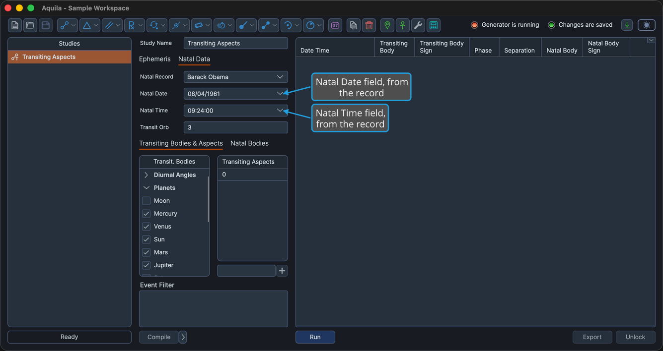 An unlocked transit study with the Natal Data tab active, the Natal Date and Natal Time fields filled from the chosen record.