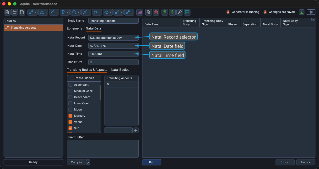 A transit study's Natal Data panel.