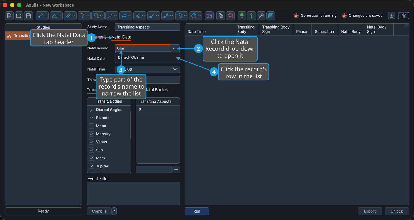An unlocked transit study with the Natal Data tab active and the Natal Record drop-down open, part of a record's name typed.