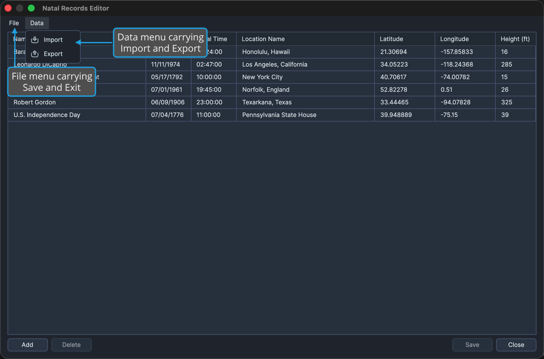 The Natal Records Editor window with its own Data menu open above the table, showing Import and Export.