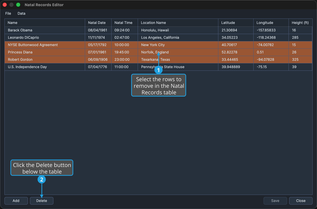 The Natal Records Editor window with two or three rows selected in the Natal Records table.