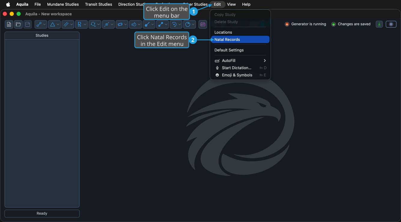 The Edit menu dropped open in the macOS menu bar, with Natal Records highlighted.