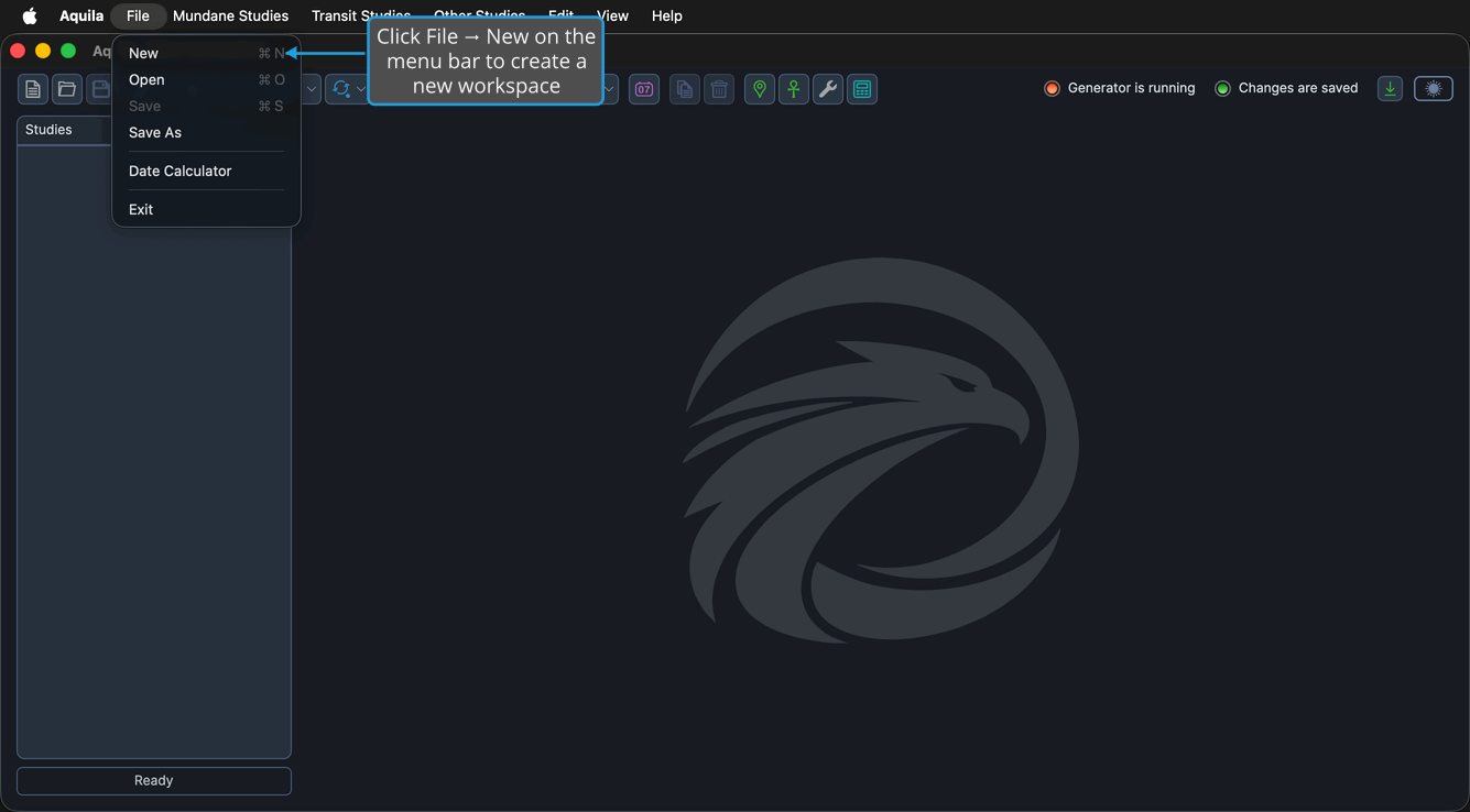 The File menu open, showing the New command.