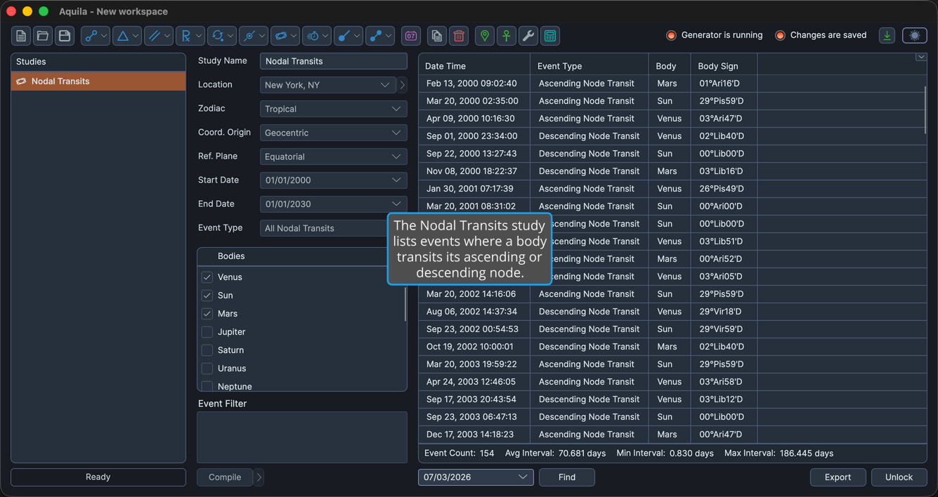 A Nodal Transits study with events generated and the events table populated.