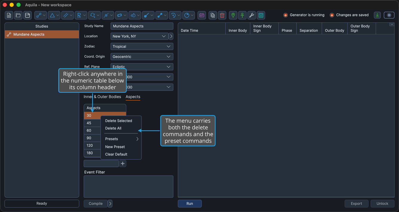 An unlocked Mundane Aspects study with the Aspects table right-clicked below its column header, so the context menu is open showing its delete and preset commands.
