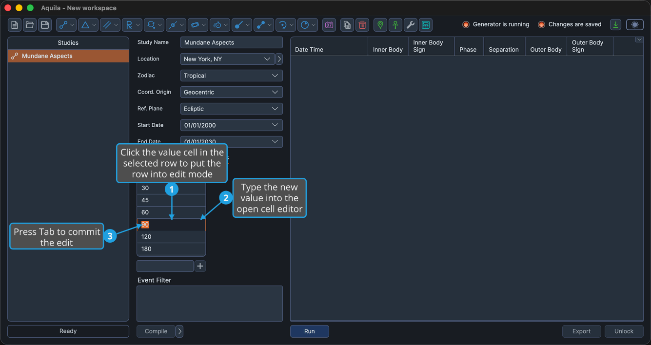 An unlocked study with a numeric table row selected and its value cell open for editing, the editor box, focus border and caret carrying the edit state.