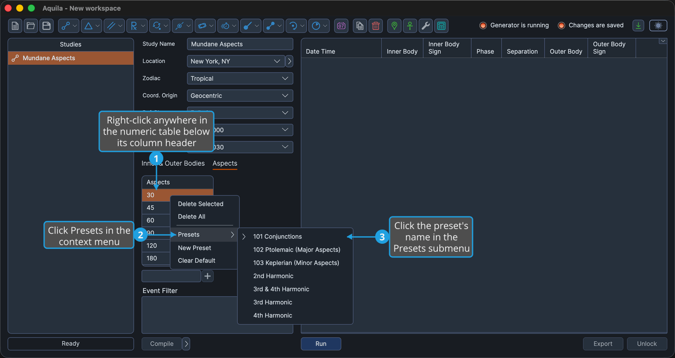 An unlocked Mundane Aspects study with the Aspects table right-clicked below its column header so the numeric table context menu is open and the Presets submenu cascaded out.