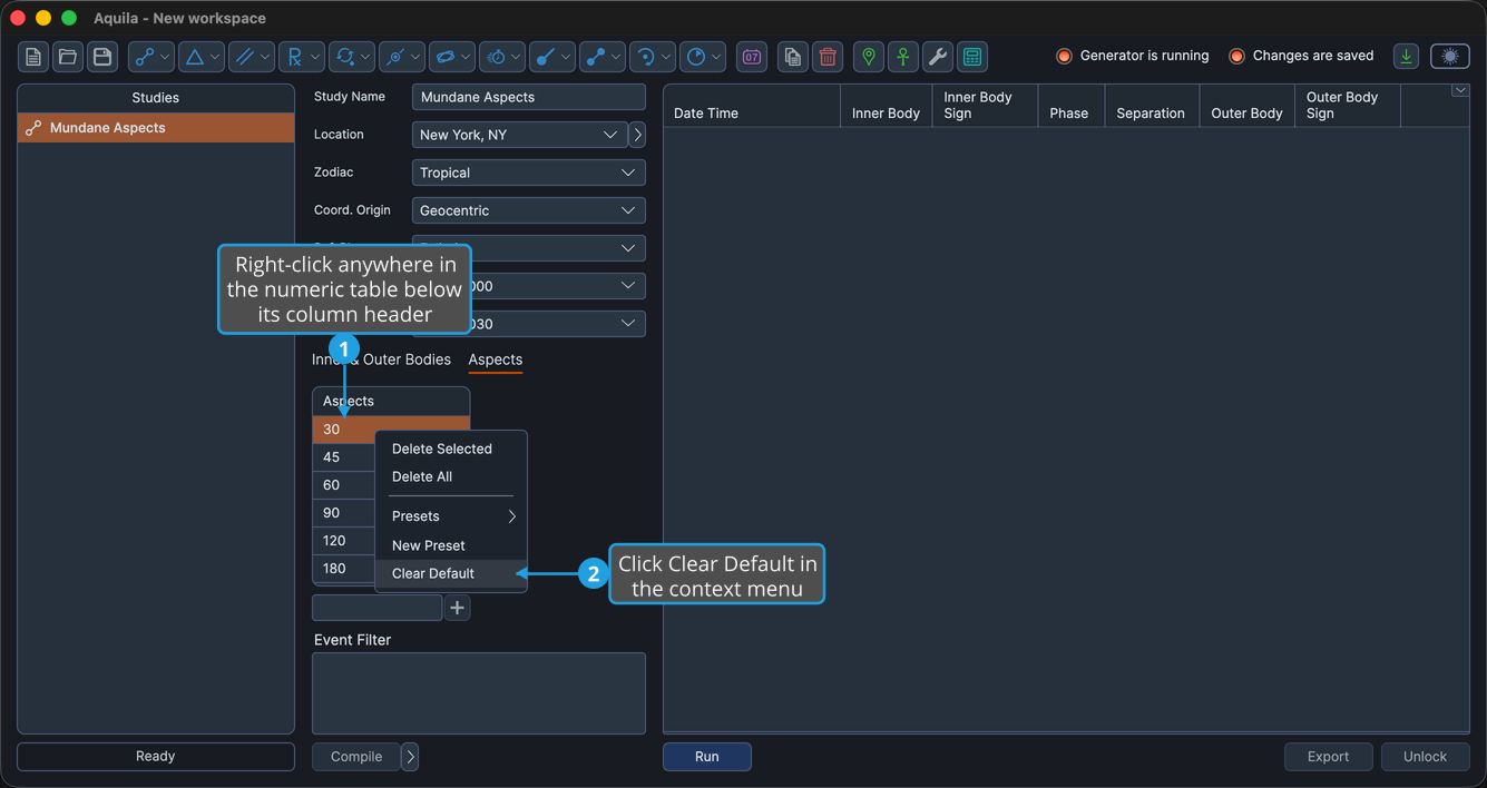 An unlocked Mundane Aspects study with the Aspects table right-clicked below its column header so the numeric table context menu is open, showing Presets, New Preset and Clear Default, with Clear Default highlighted.