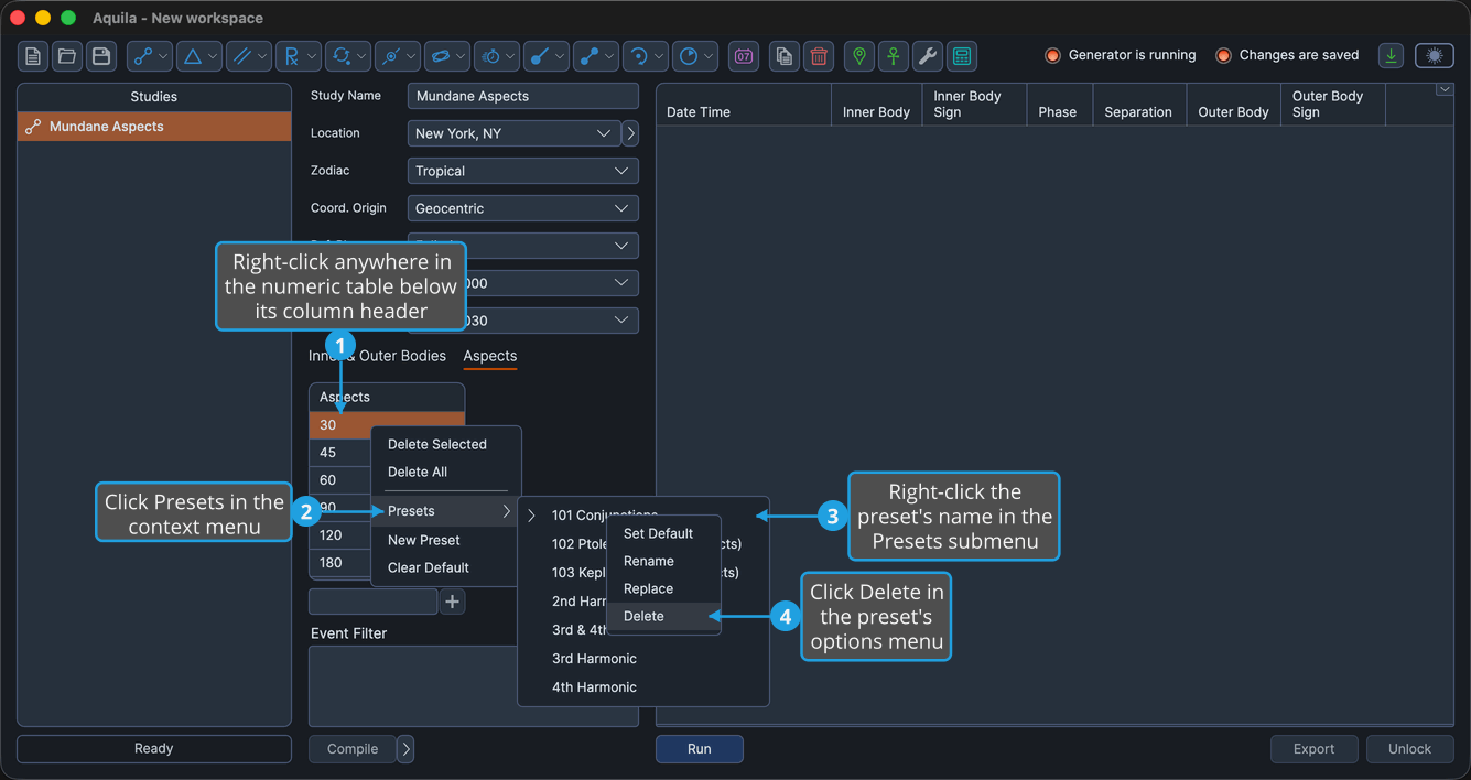 An unlocked Mundane Aspects study with the Aspects table right-clicked below its column header so the context menu is open, the Presets submenu cascaded out and a saved preset's name right-clicked inside it, with Delete highlighted.