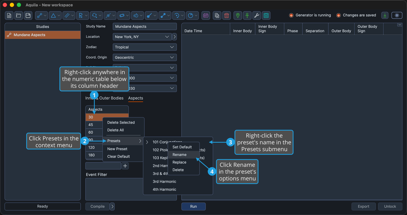 An unlocked Mundane Aspects study with the Aspects table right-clicked below its column header so the context menu is open, the Presets submenu cascaded out and a saved preset's name right-clicked inside it, with Rename highlighted.