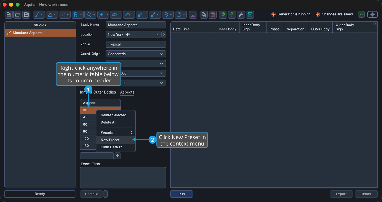 An unlocked Mundane Aspects study with the Aspects table right-clicked below its column header so the numeric table context menu is open, showing Presets, New Preset and Clear Default, with New Preset highlighted.