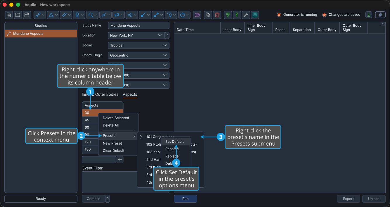 An unlocked Mundane Aspects study with the Aspects table right-clicked below its column header so the context menu is open, the Presets submenu cascaded out and a saved preset's name right-clicked inside it, with Set Default highlighted.