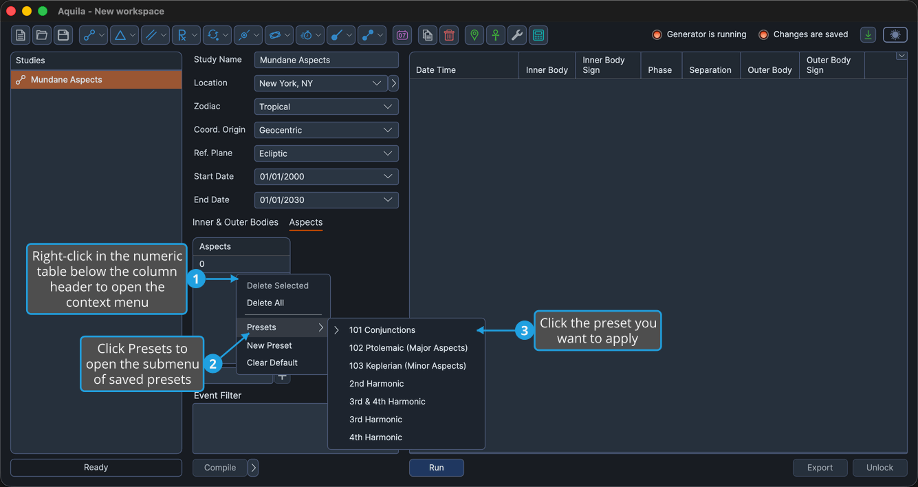 The numeric table preset menu open with the Presets submenu expanded, showing the list of available presets.