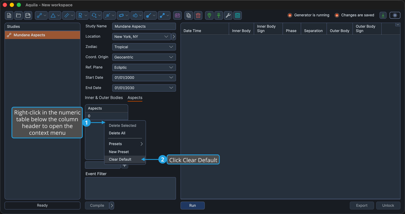 The numeric table preset menu open showing the Clear Default command.