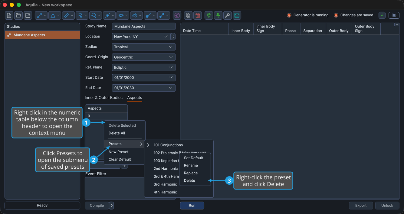 The saved-preset right-click context menu open, showing the Set Default, Rename, Replace, and Delete commands.
