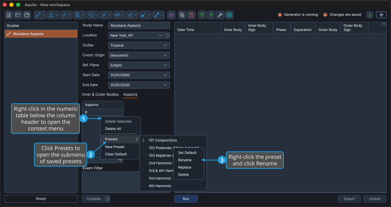 The saved-preset right-click context menu open, showing the Set Default, Rename, Replace, and Delete commands.