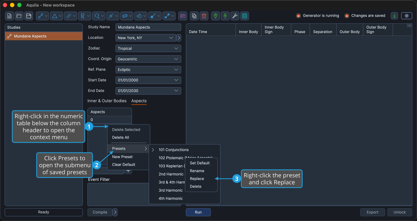 The saved-preset right-click context menu open, showing the Set Default, Rename, Replace, and Delete commands.