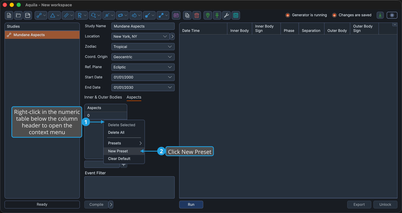 The numeric table preset menu open showing the New Preset command.