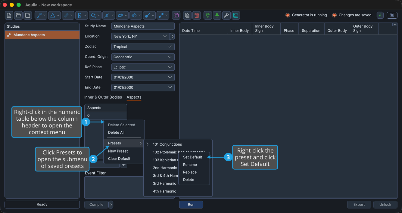 The saved-preset right-click context menu open, showing the Set Default, Rename, Replace, and Delete commands.