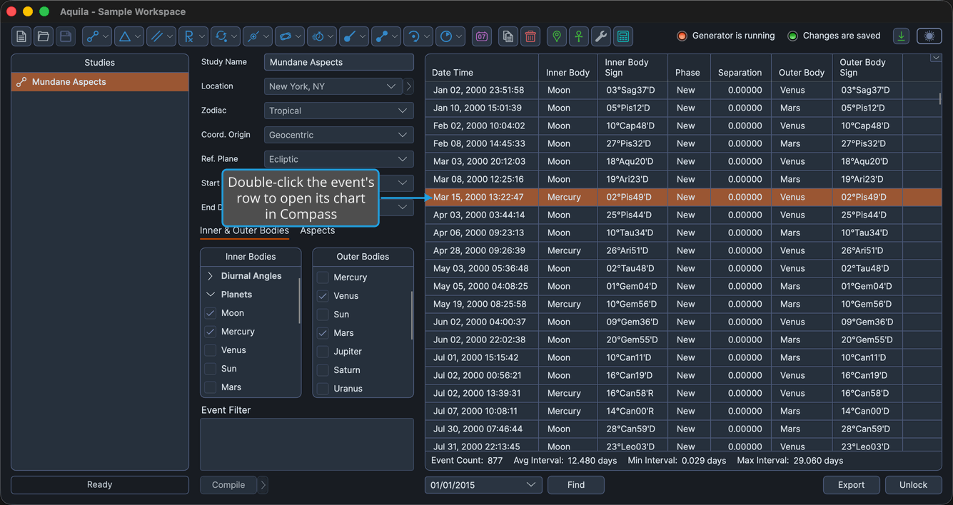A locked study whose events table is populated, with one event row selected.