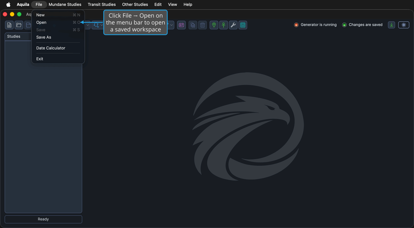 The File menu open, showing the Open command.