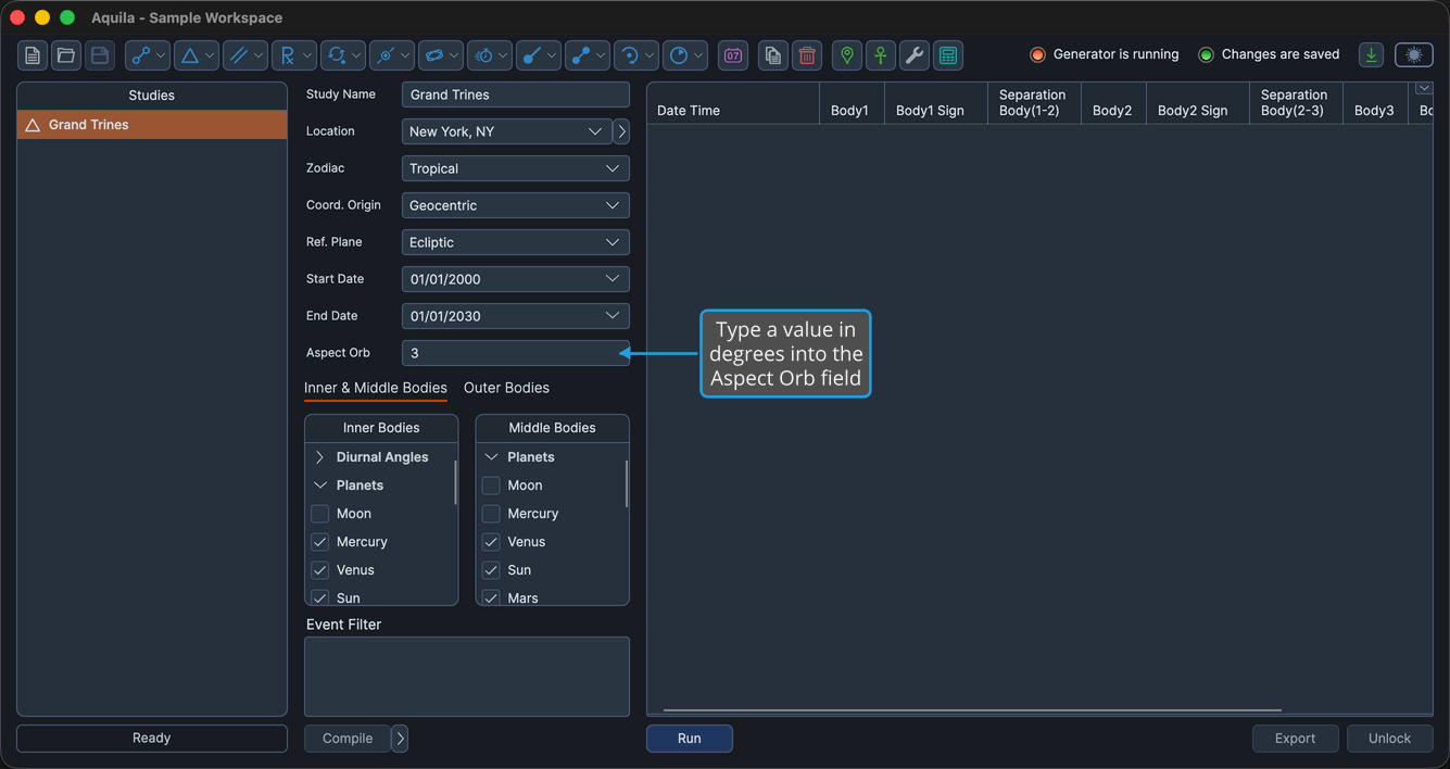 An unlocked Grand Trines study, whose Aspect Orb field sits directly in the settings column.