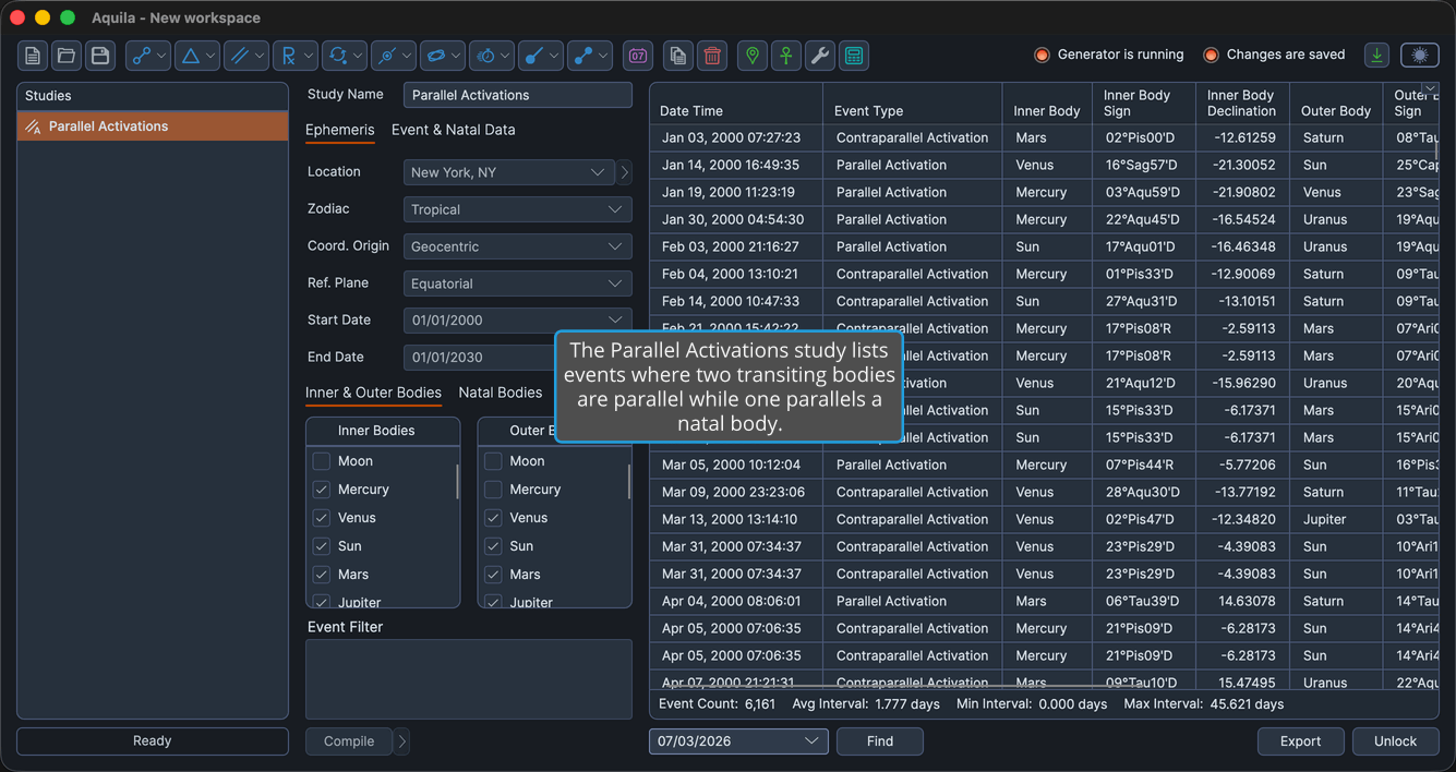 A Parallel Activations study with events generated and the events table populated.