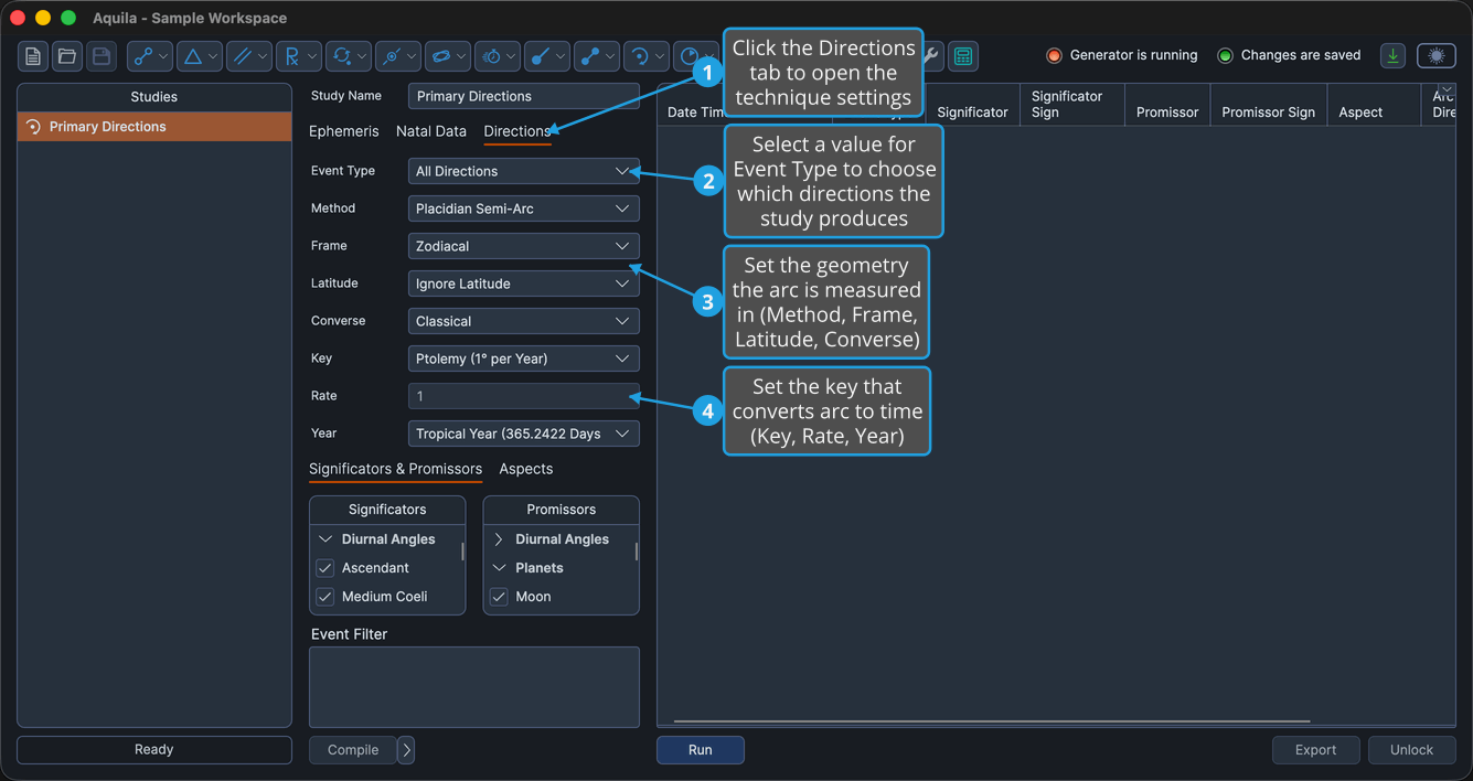 An unlocked Primary Directions study with the Directions tab active, so Method, Frame, Latitude, Converse, Key, Rate, Event Type and Year are all in view.