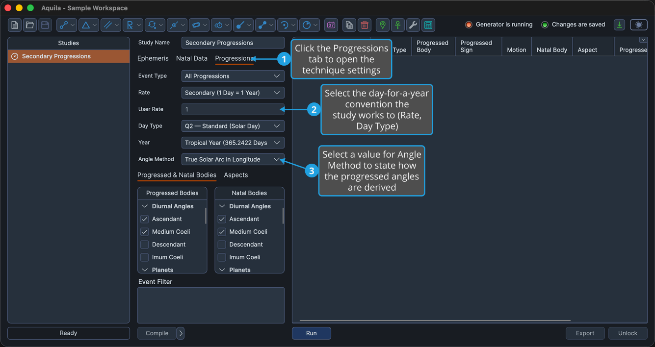 An unlocked Secondary Progressions study with the Progressions tab active and a diurnal angle among the progressed bodies so Angle Method is enabled.