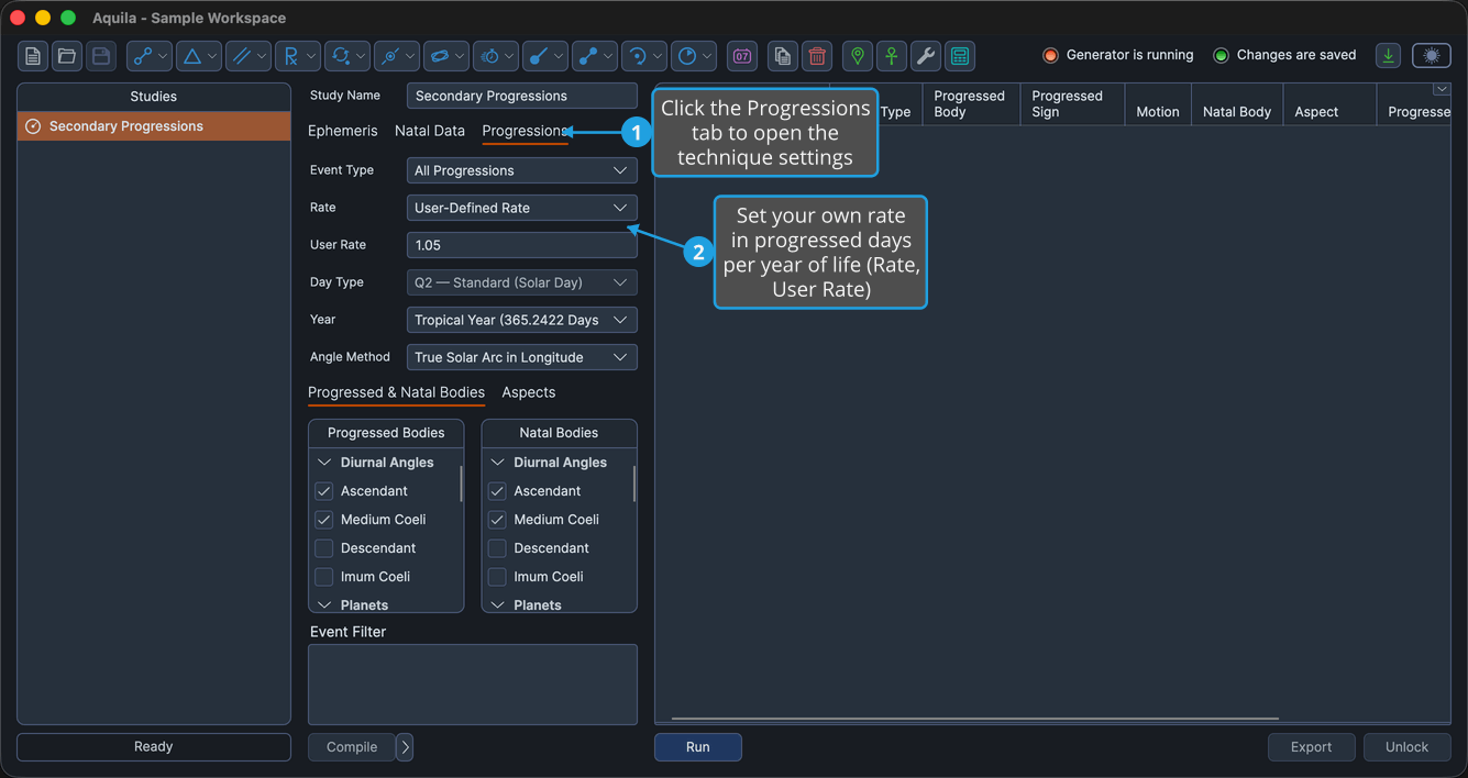 An unlocked Secondary Progressions study with the Progressions tab active, the Rate drop-down set to User-Defined Rate and a value in the User Rate field.