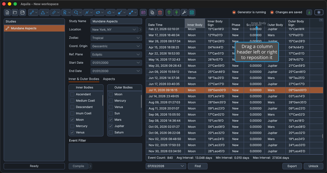 A populated events table with a column header mid-drag to a new position, showing the drag indicator.