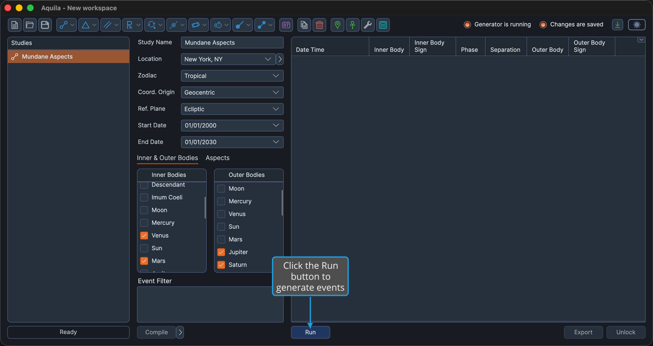 An unlocked, configured study showing the Run button.