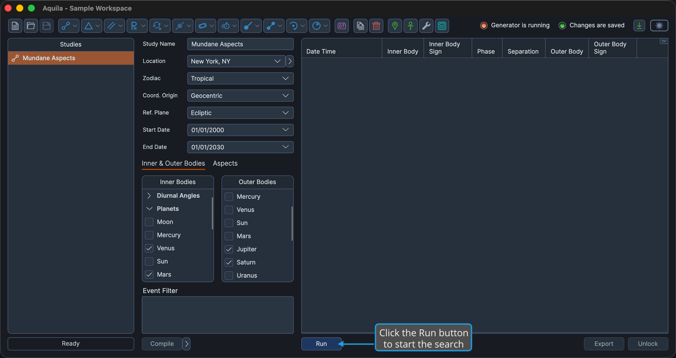 A configured, unlocked generator study before generation, so the Run button is visible at the bottom-left of the results column and the events table is empty.