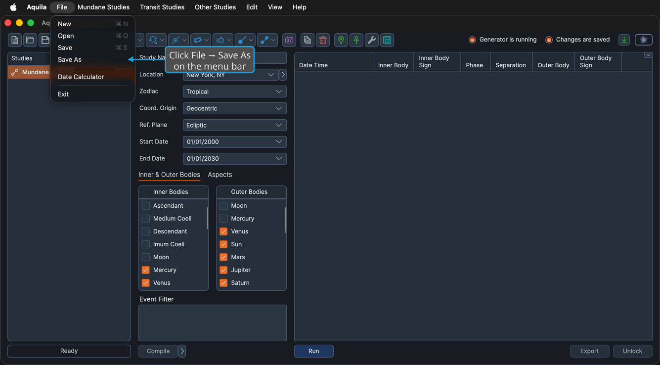 The File menu open, showing the Save As command.